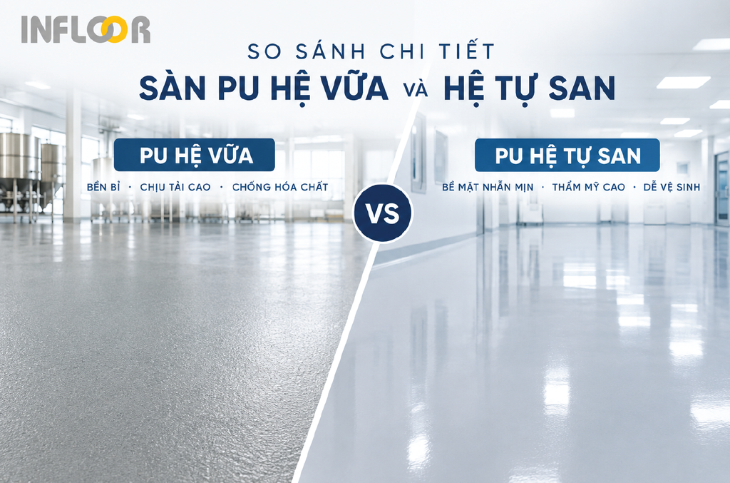 So sánh chi tiết 2 hệ sàn PU hệ vữa, và sàn PU hệ tự san